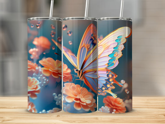 Three tumblers featuring a butterfly and floral design.