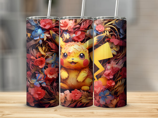 Vibrant Pikachu and Flowers Design Tumbler Cup