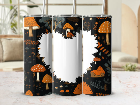 Three tumblers with a dark background and an orange mushroom and foliage pattern.