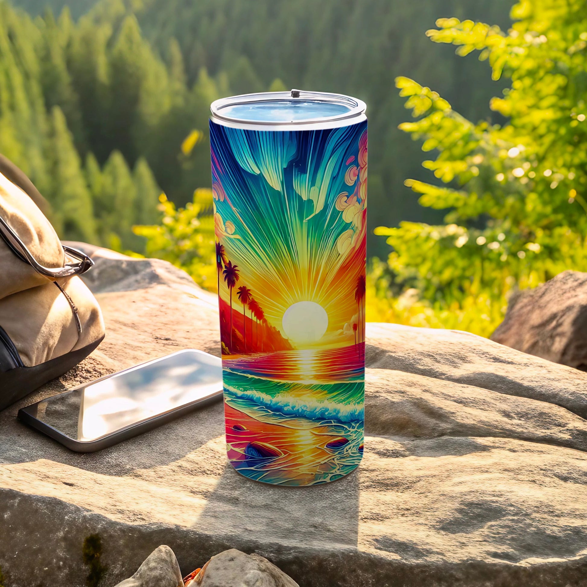 Tumbler with vibrant sunset beach scene, palm trees, and ocean waves.