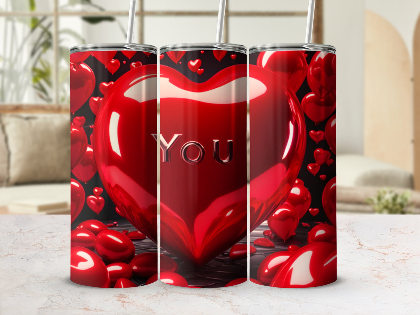 Red heart tumbler with "YOU" text and scattered red hearts.