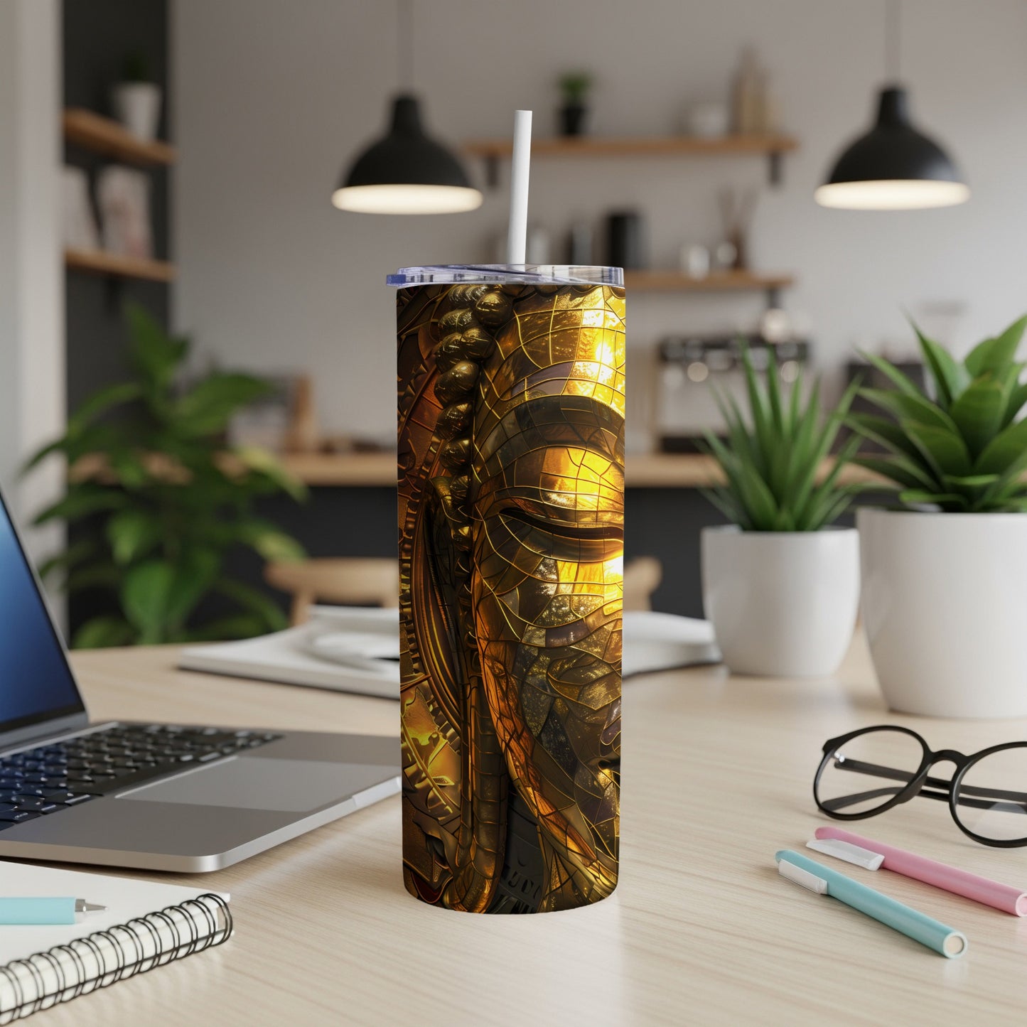 Gold metallic Buddha face on a tumbler with a straw, laptop, and pens.