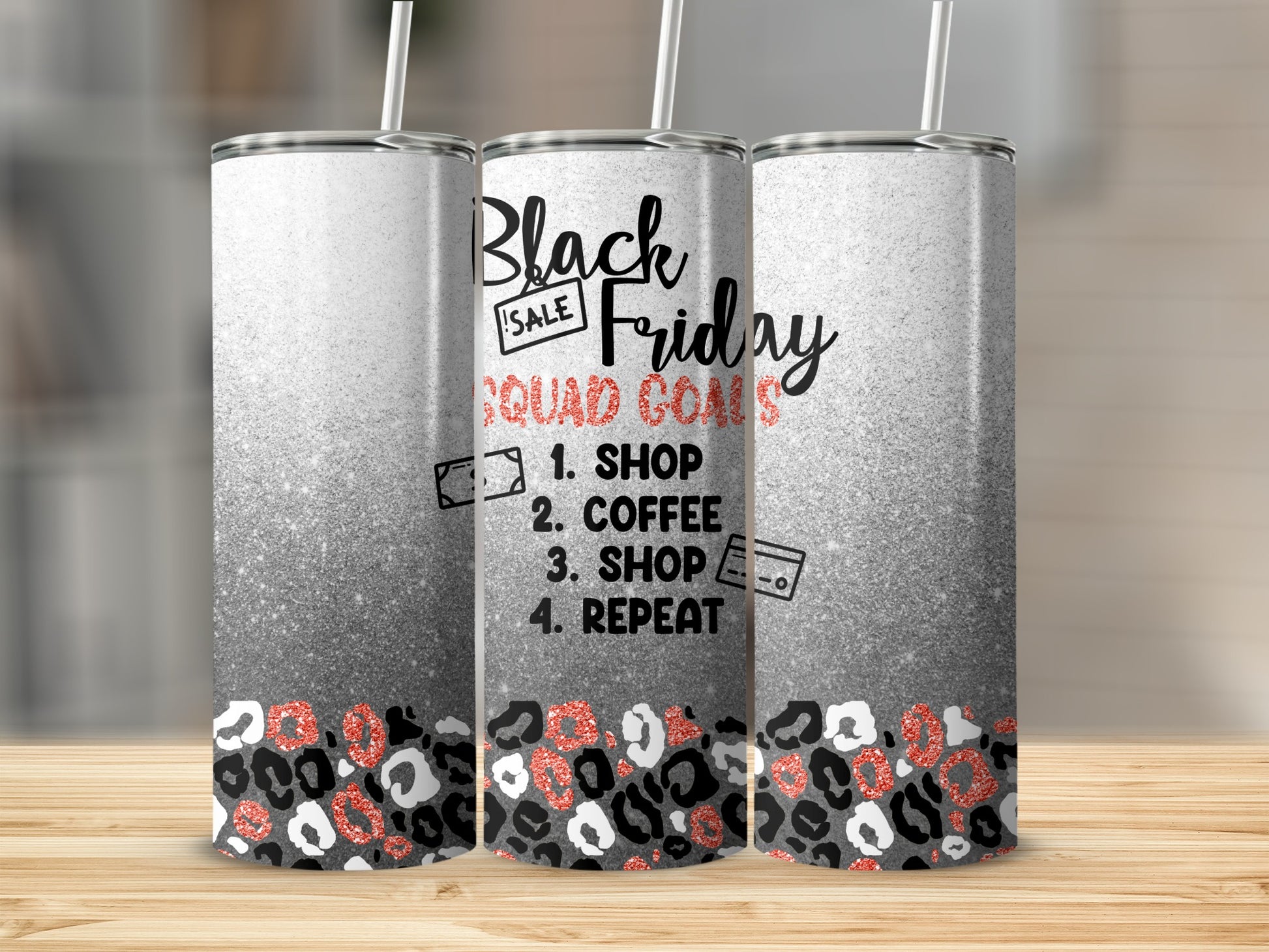 Black Friday Squad Goals tumbler with leopard print.