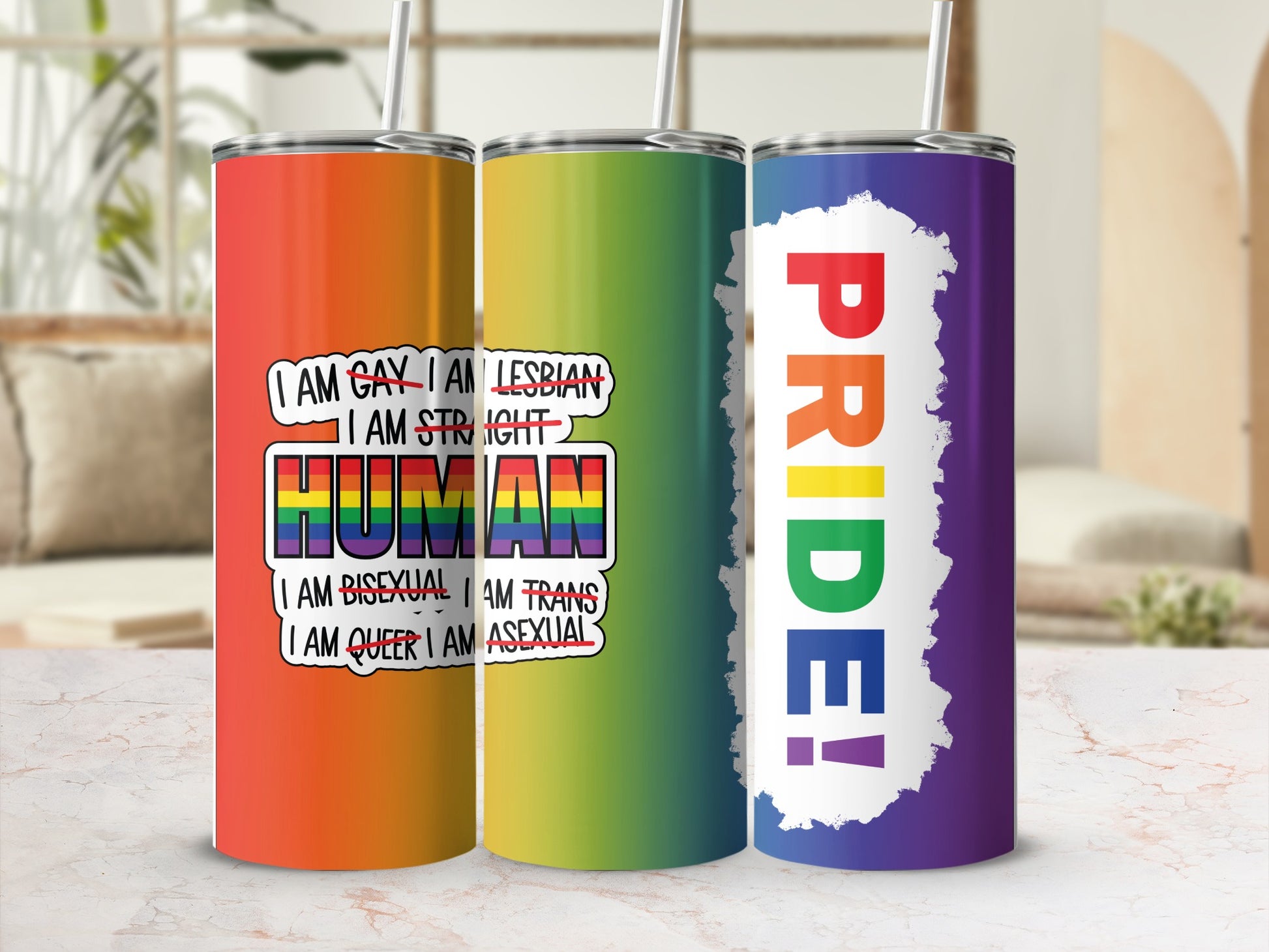 Tumblers with "PRIDE!" and text about sexual orientations and gender identities.