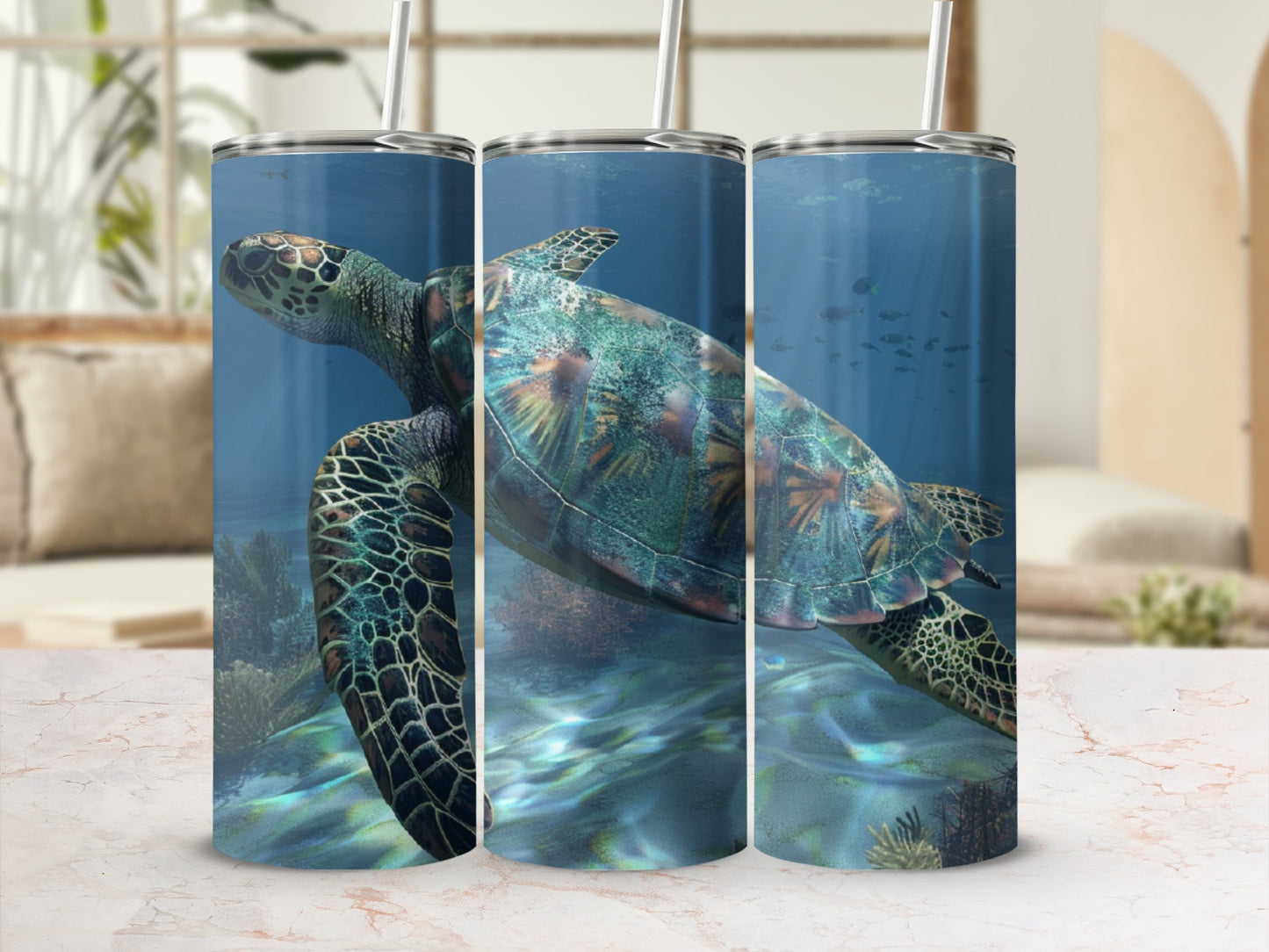 Sea turtle swims underwater with coral and fish, digital art.