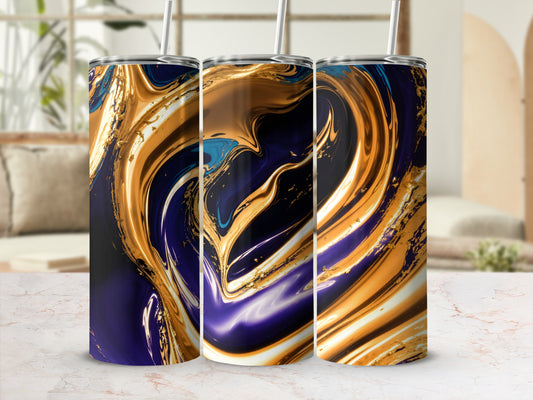 Three tumblers with swirling blue and gold abstract paint patterns.