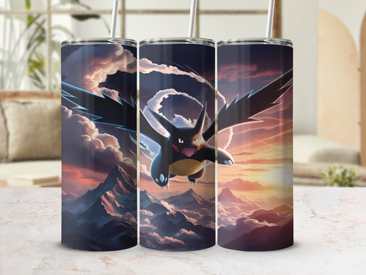 Dragonite Pokemon soaring over mountains at sunset, digital art tumbler.