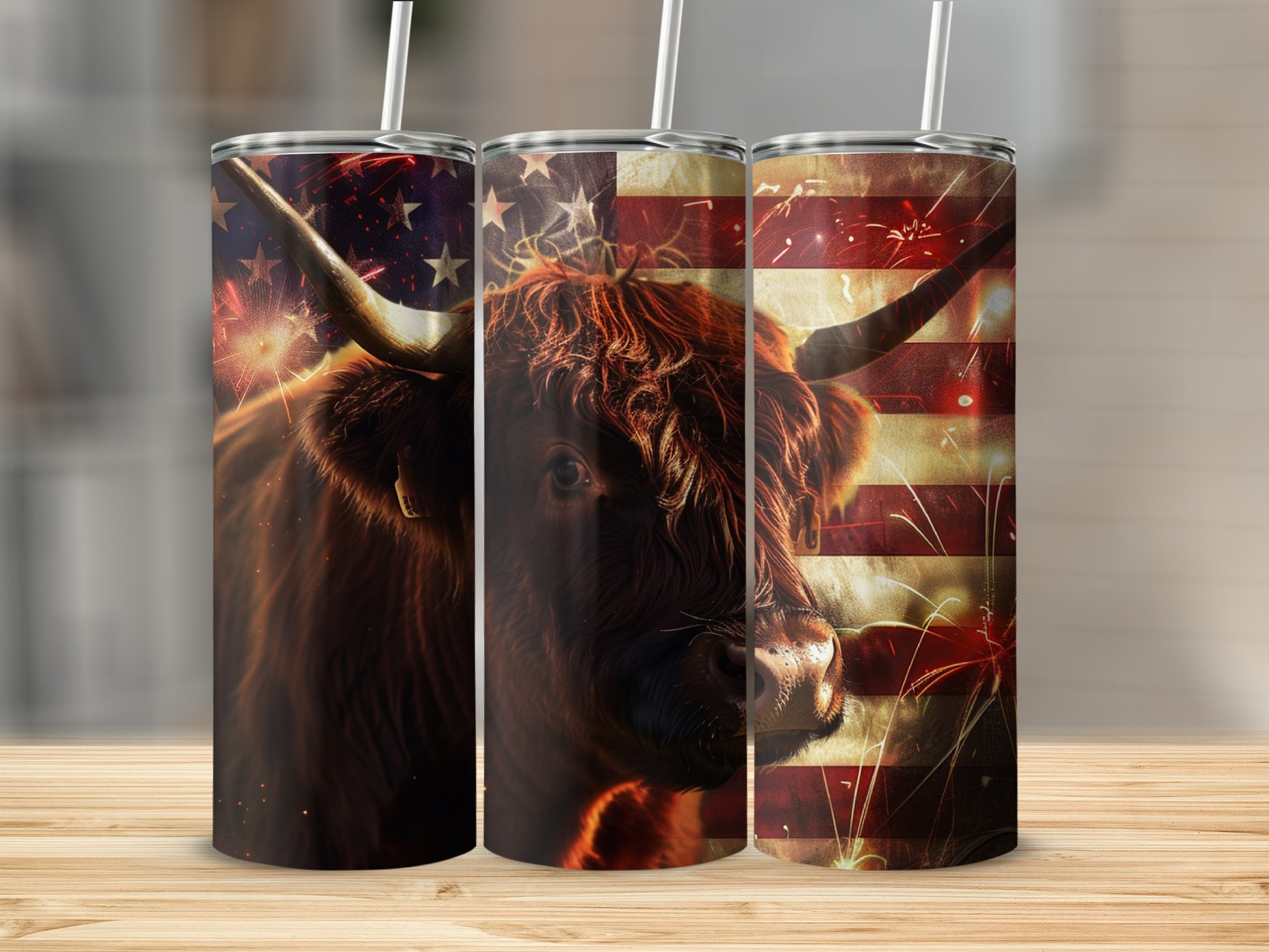 Brown bull with American flag and fireworks pattern on a tumbler.