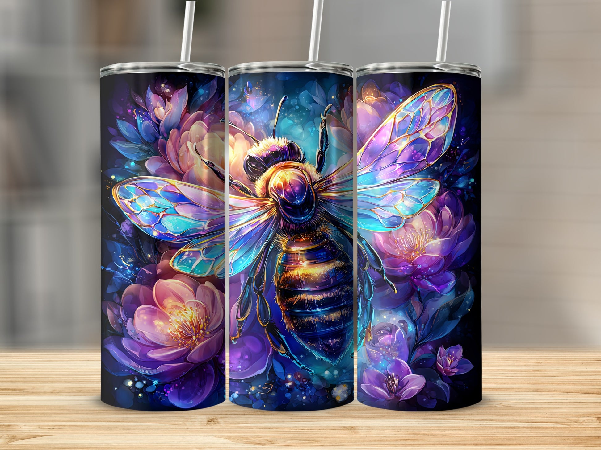 Colorful Bee with Flowers Tumbler Sublimation Design