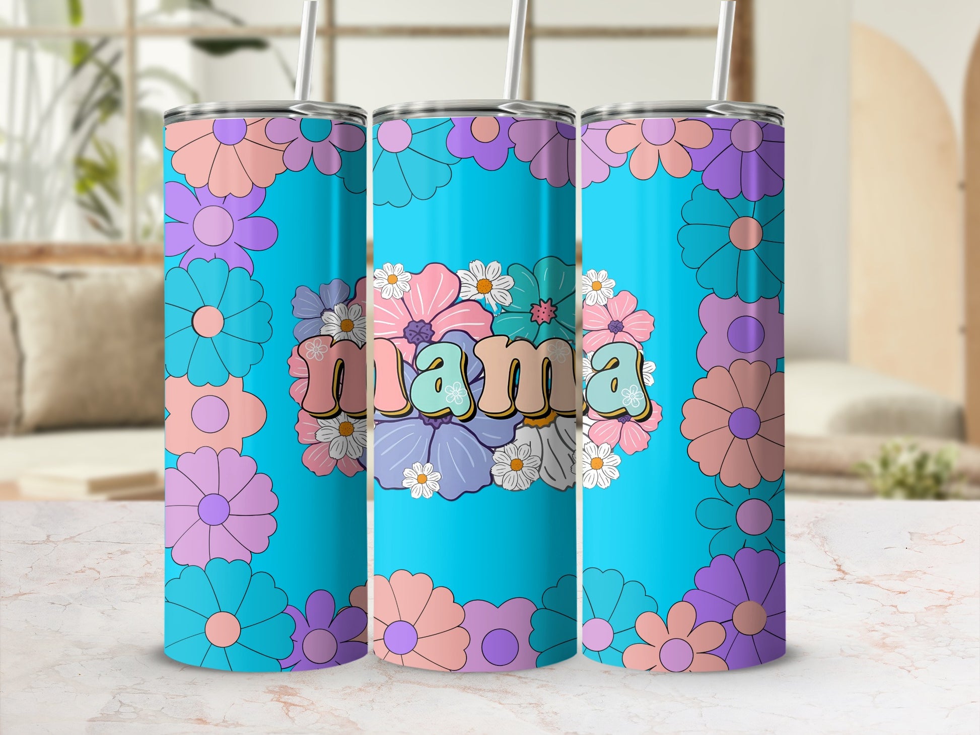 Colorful Floral 'Mama' Tumbler With Straw Accessory