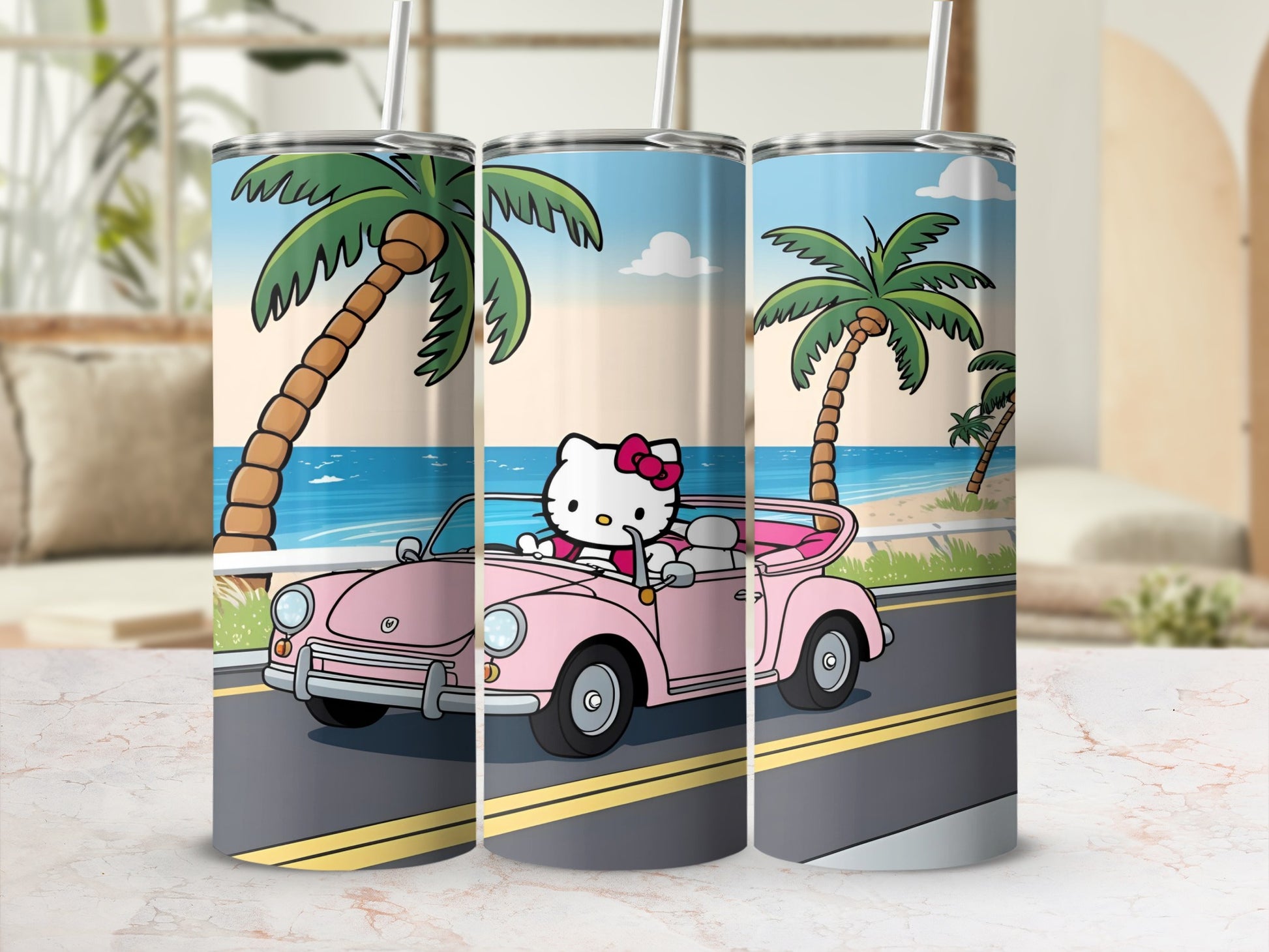 Hello Kitty drives a pink convertible on a beach road.