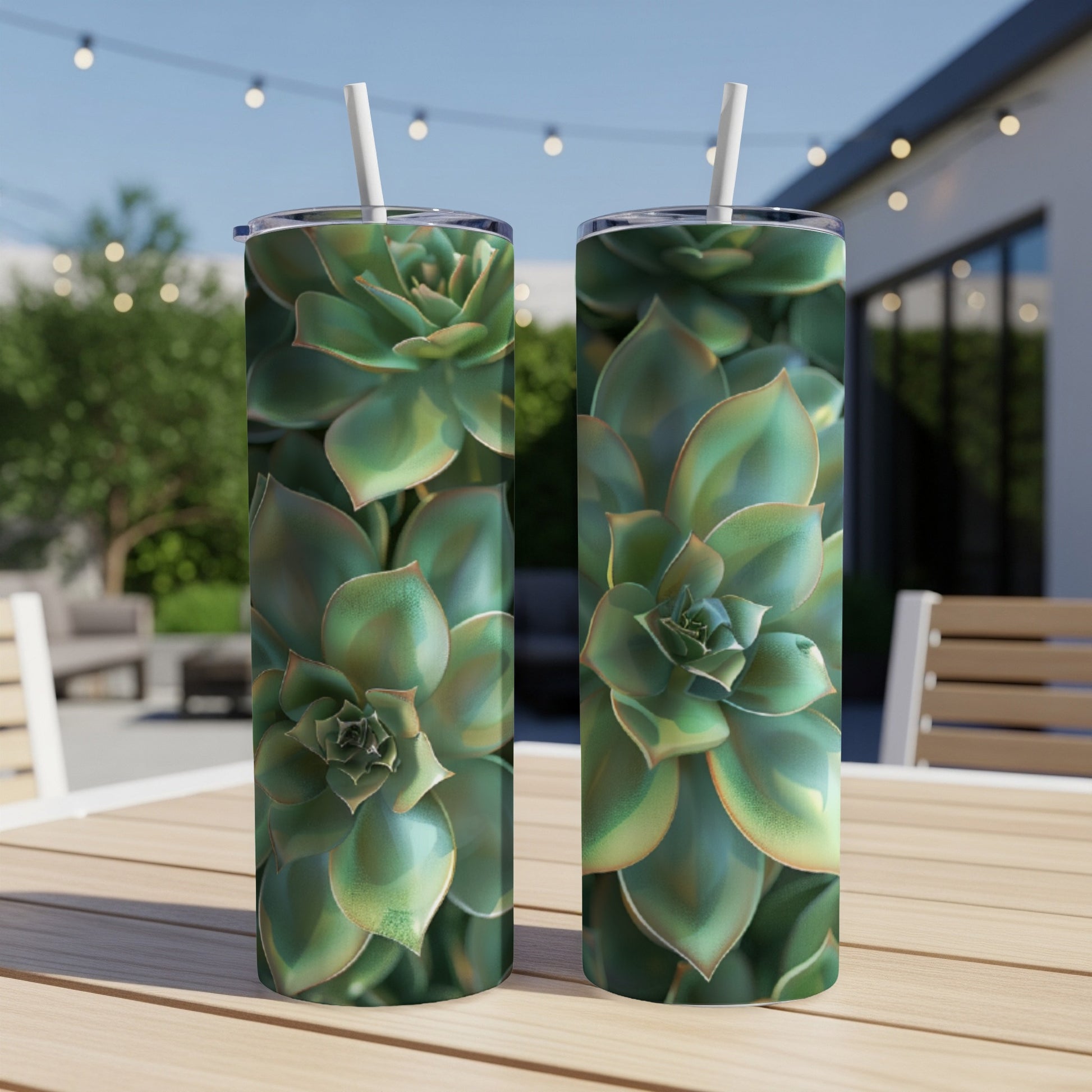 Two tumblers featuring a close-up, detailed succulent plant design.