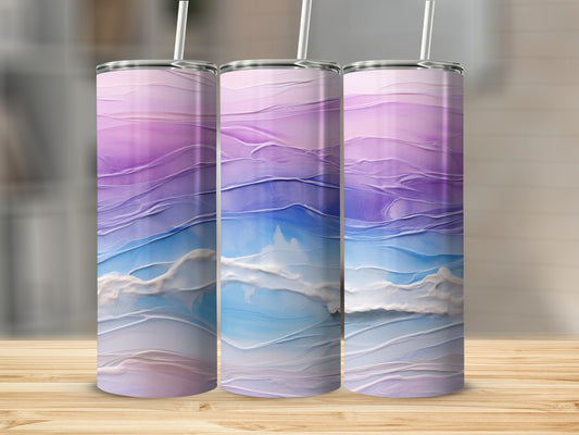 Three tumblers with purple and blue abstract wave design.