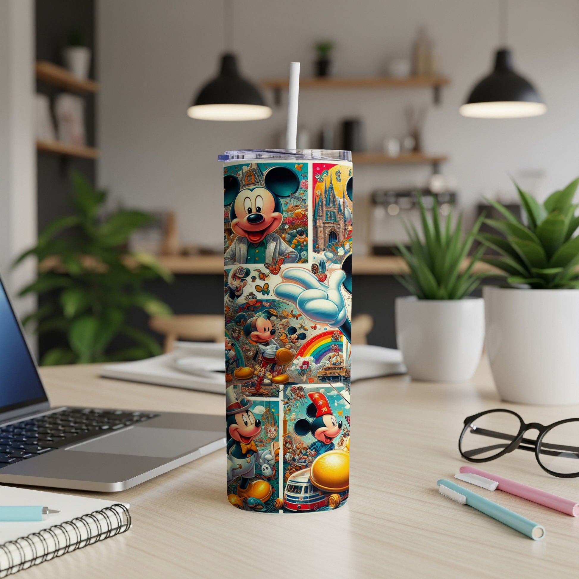 Collage of Mickey Mouse cartoons and scenes on a white tumbler.