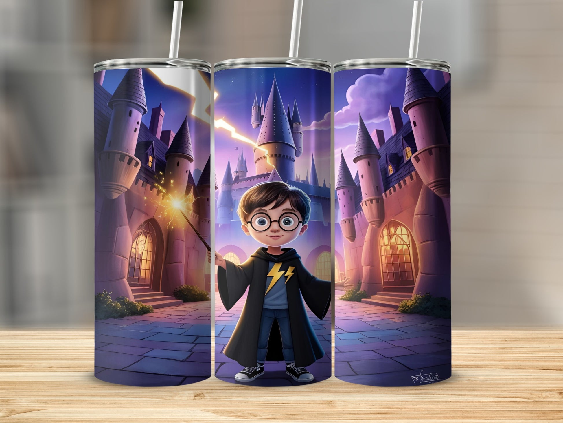 Cartoon Harry Potter character in front of Hogwarts castle.