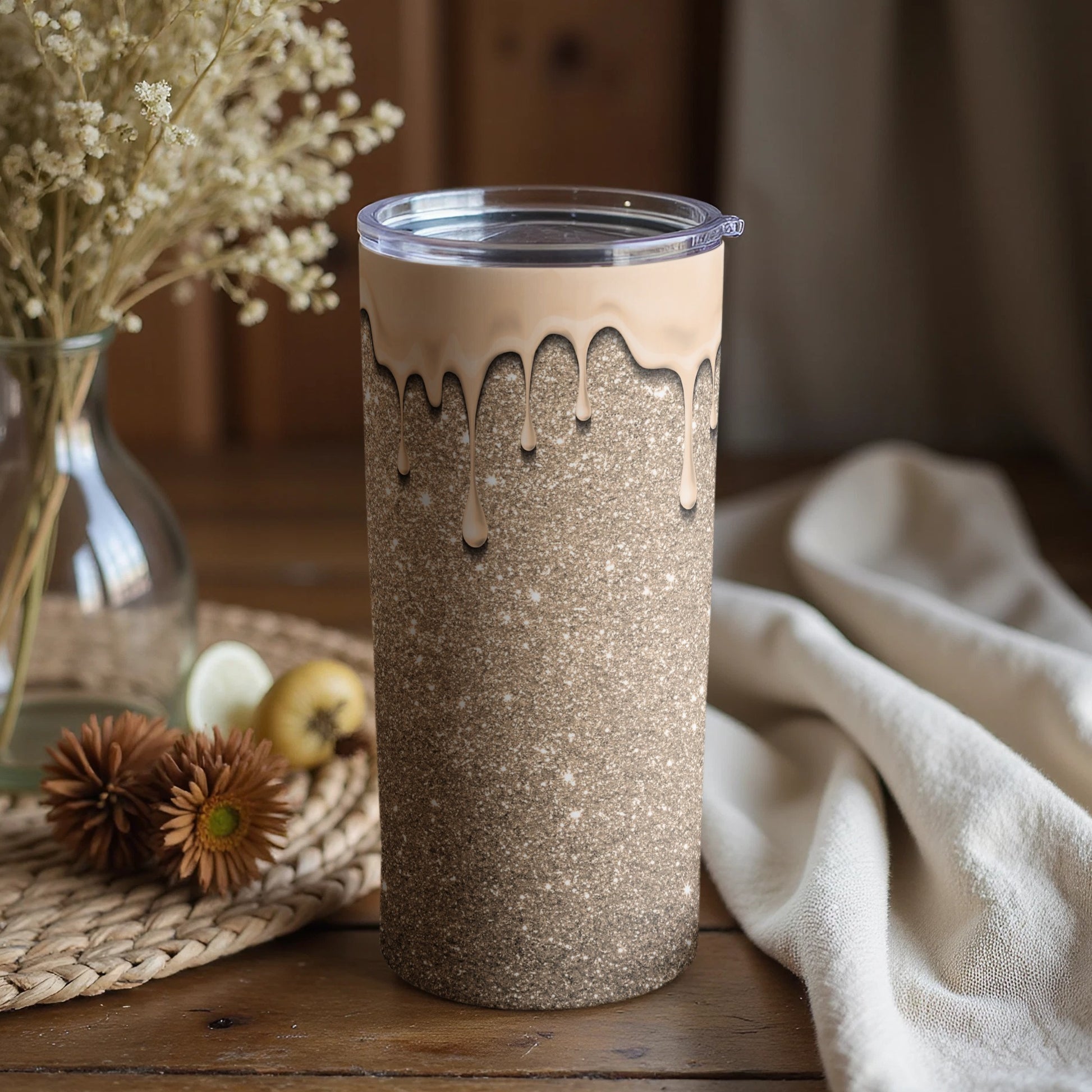 Beige and Brown Gradient Tumbler with Glossy Drip Finish