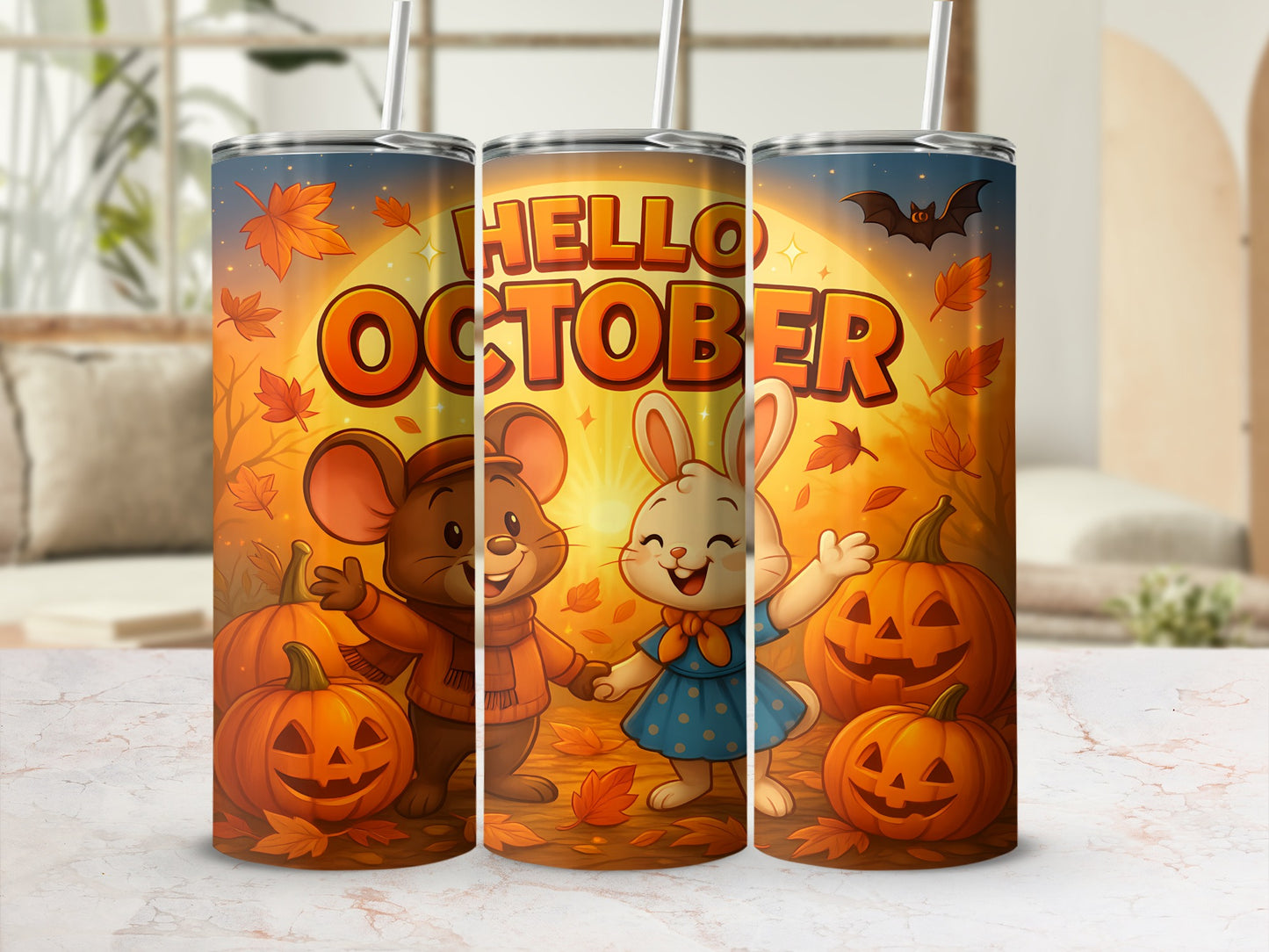 Tumblers with "Hello October" text, a mouse and rabbit, pumpkins, and autumn leaves.