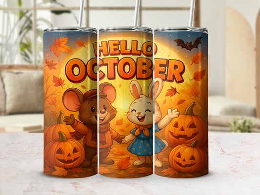 Tumblers with "Hello October" text, a mouse and rabbit, pumpkins, and autumn leaves.