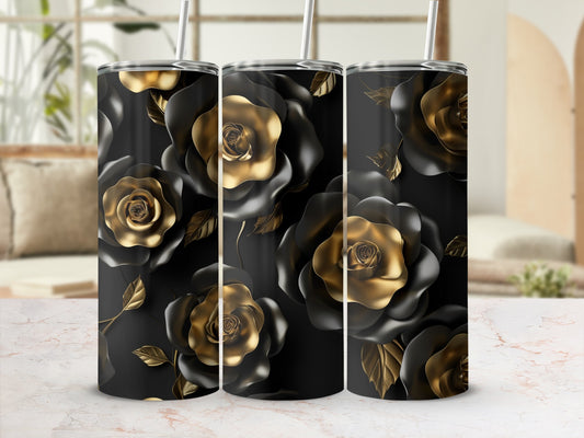 Black and gold roses on a tumbler with a straw.