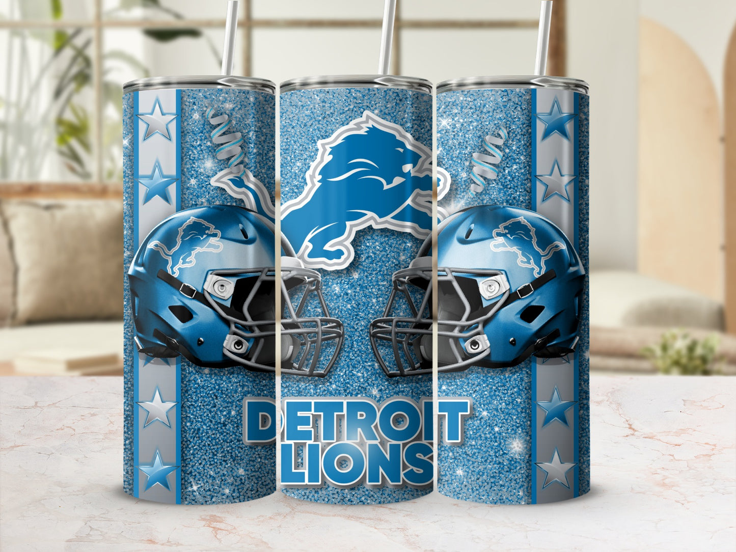 Detroit Lions Blue Helmets a Glittering Design Tumblers