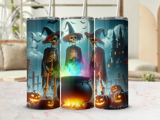Three tumblers show skeletons in witch hats, cauldrons, pumpkins, and bats.