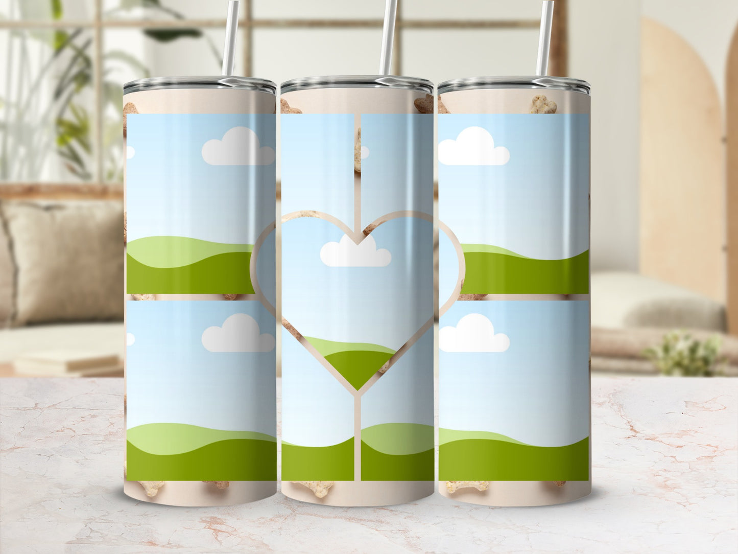 Three tumblers with a heart-shaped collage of rolling green hills and blue sky.