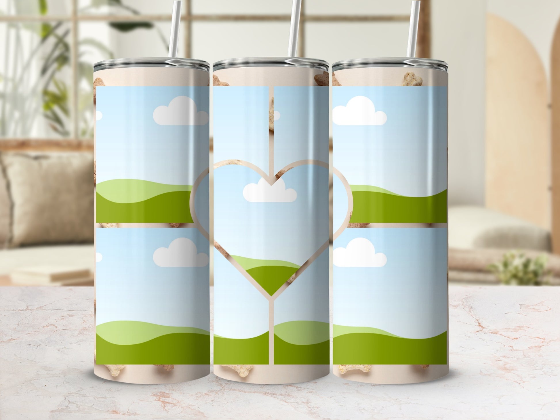 Three tumblers with a heart-shaped collage of rolling green hills and blue sky.