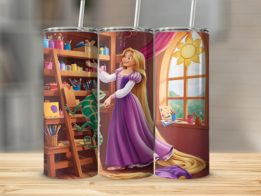 Rapunzel with Pascal, a chameleon, in a room with art supplies.