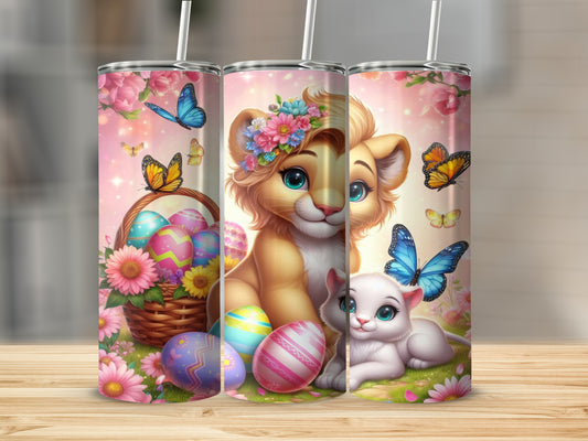 Lion cub with butterflies and Easter eggs on a tumbler wrap.