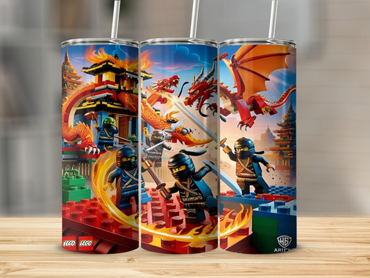 LEGO Ninjago characters fighting dragons in front of a temple with "LEGO" and "H.B. ART" logos.