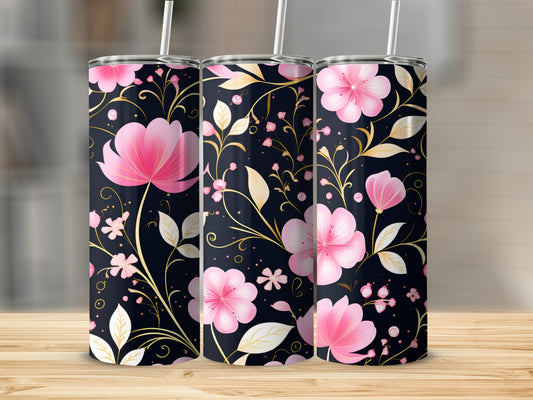 Three tumblers with pink floral design and gold accents on black background.