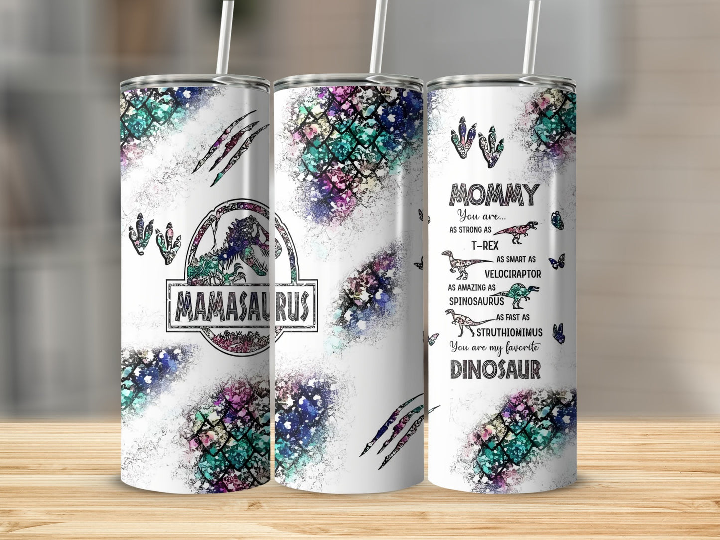 Colorful Dinosaur Mom Tumbler with Inspirational Quotes