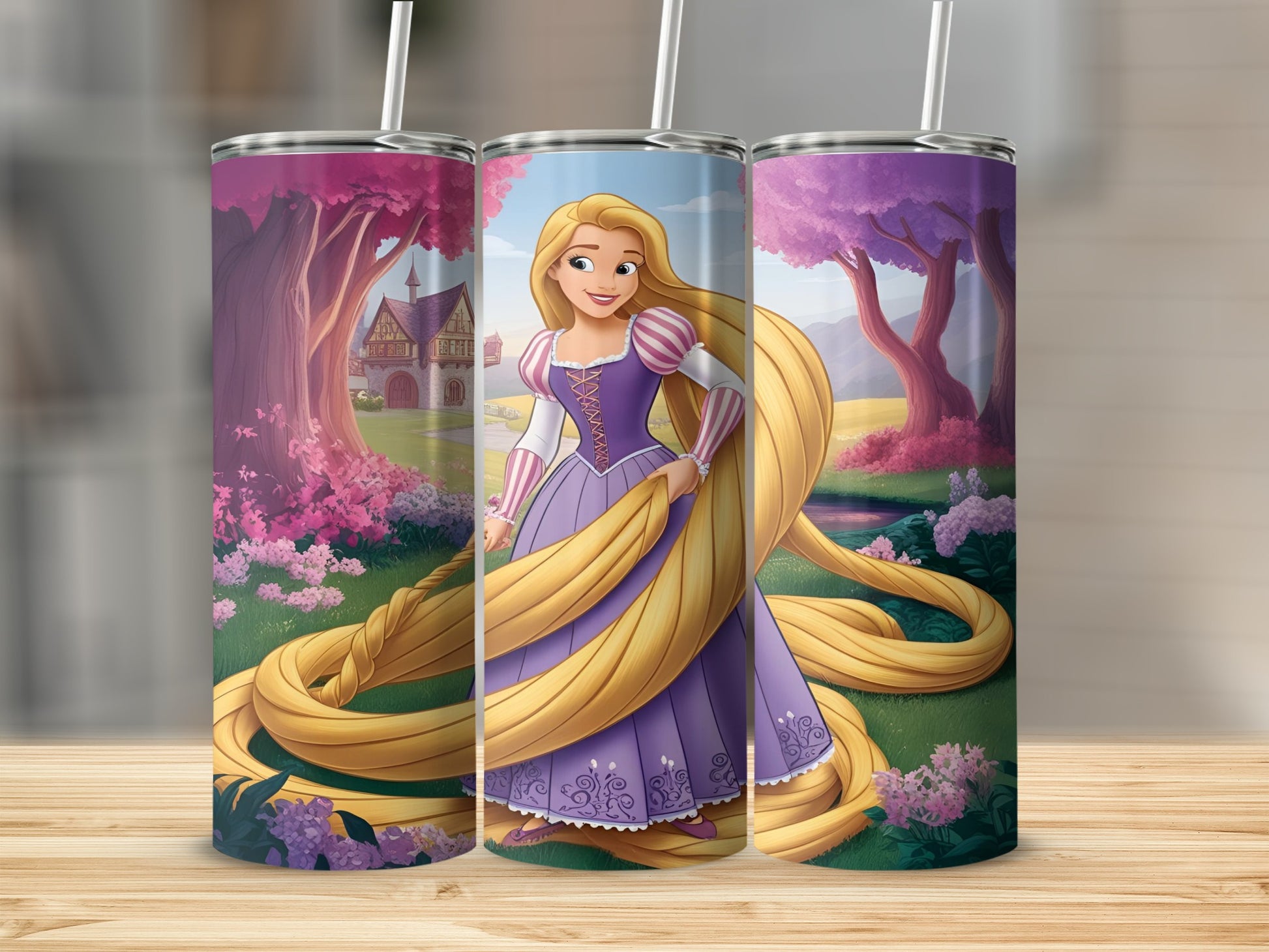 Rapunzel with long blonde hair wearing a purple dress, standing in a forest.