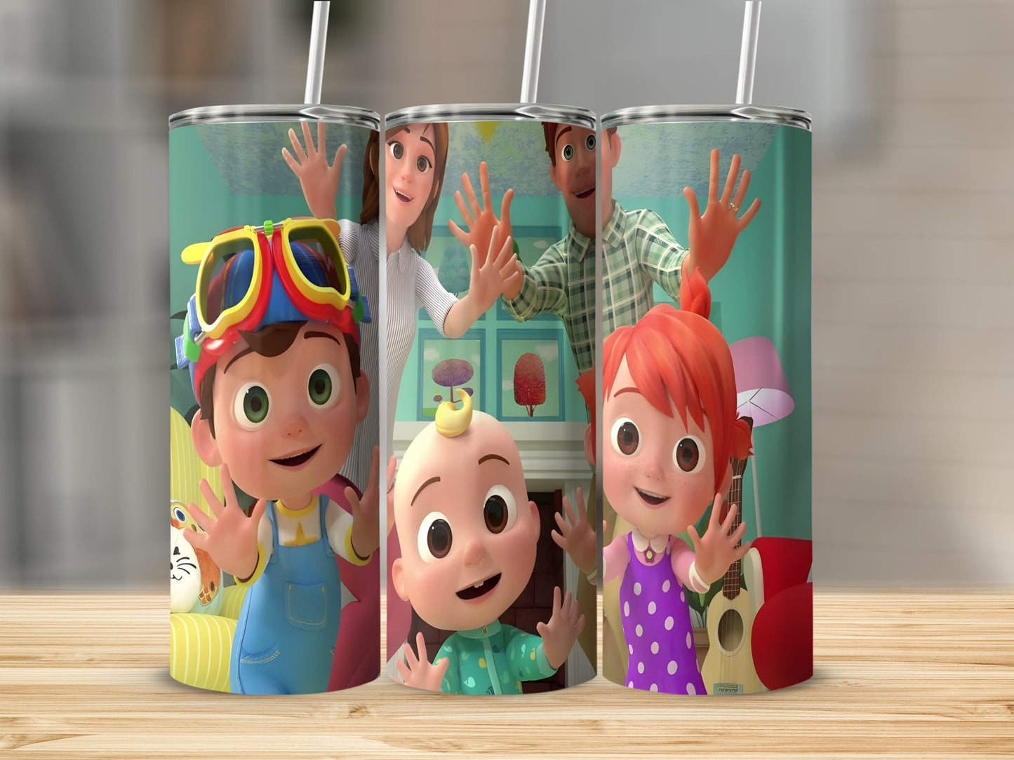 Cocomelon characters JJ, Cody, Nina, and YoYo on a tumbler cup.