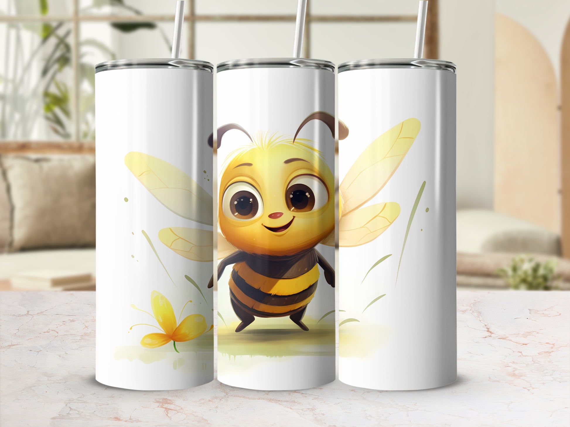 Cute cartoon bee happy smile yellow striped tumbler product type