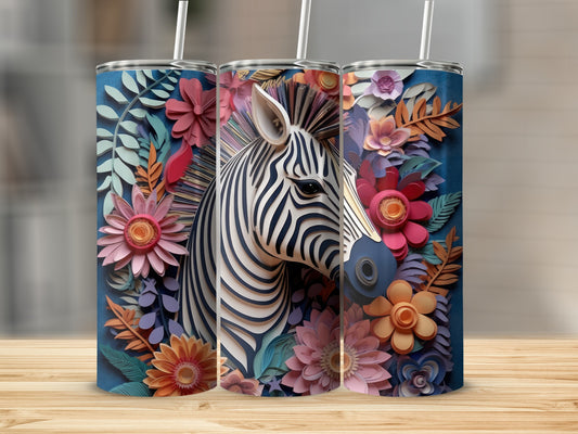 Three tumblers with zebra and floral designs stand on a wooden surface.