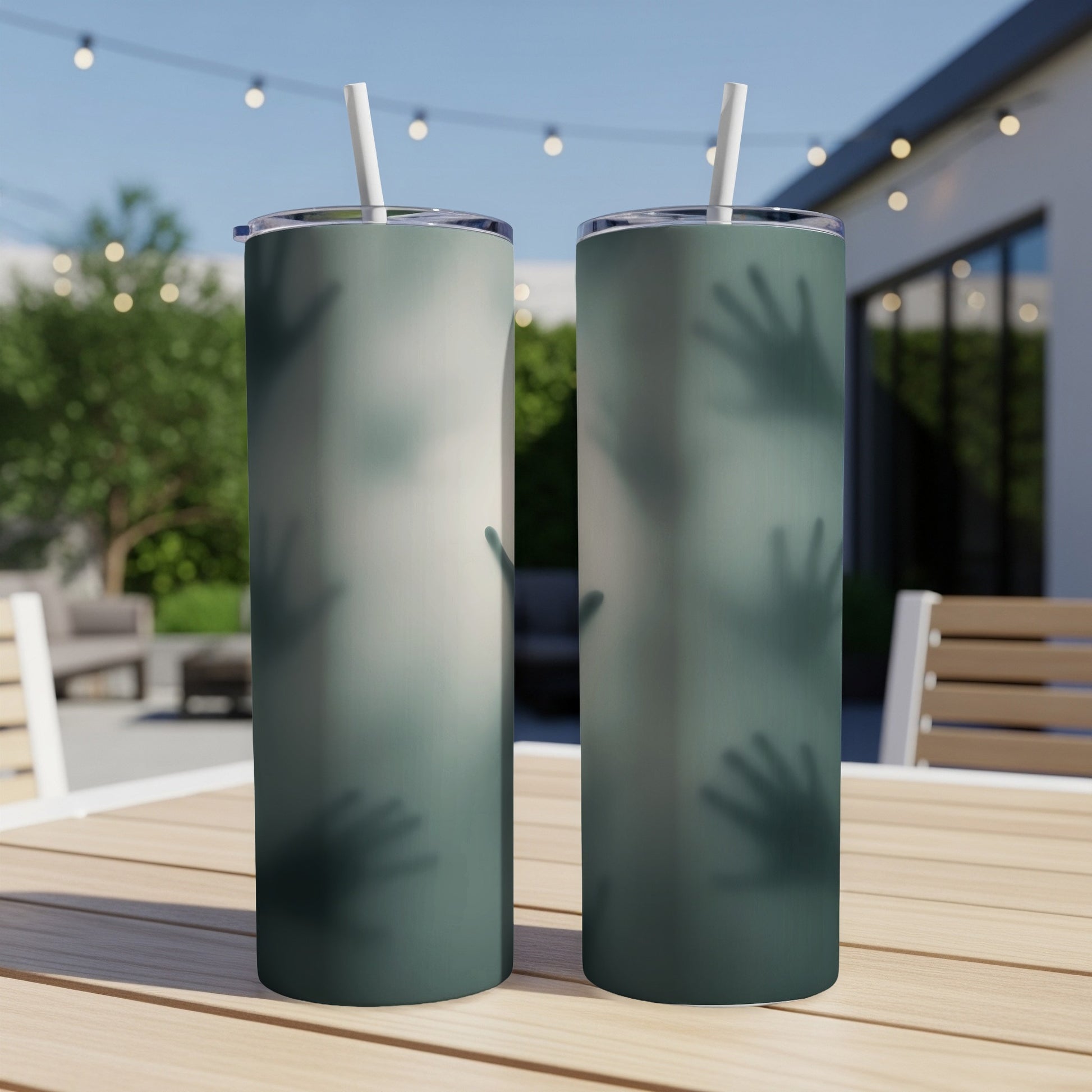 Two tumblers with a blurred hand silhouette design, each with a straw.