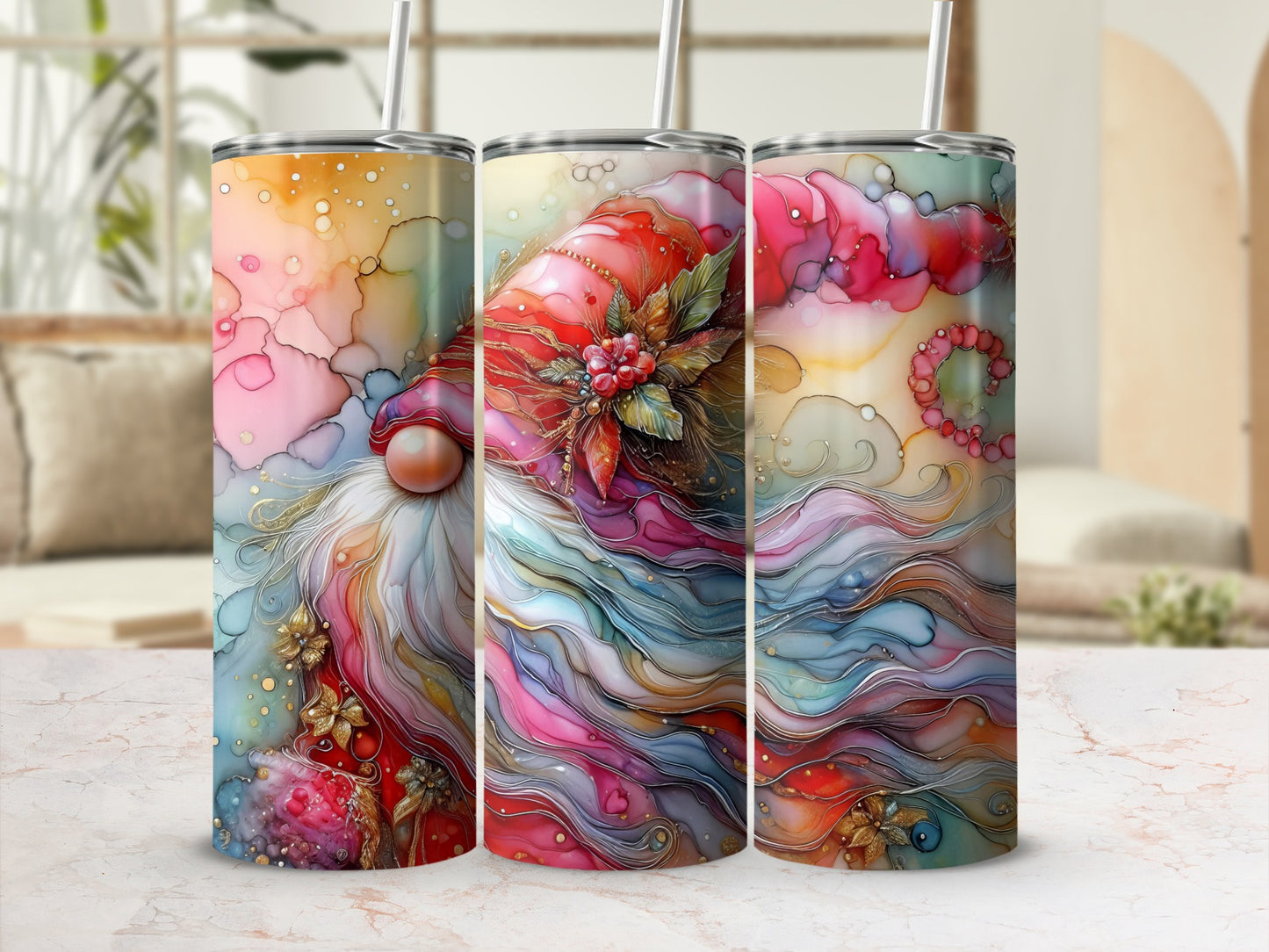 Three colorful tumblers with a gnome design and pastel watercolor background.