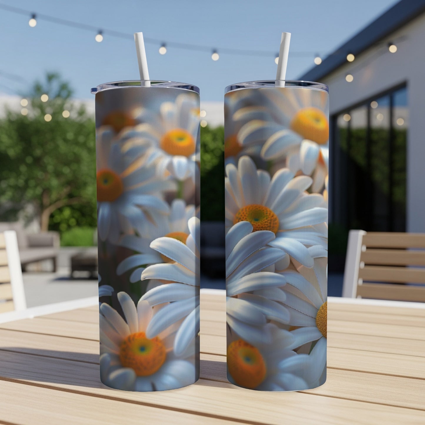Two tumblers featuring a close-up of white daisies with yellow centers.