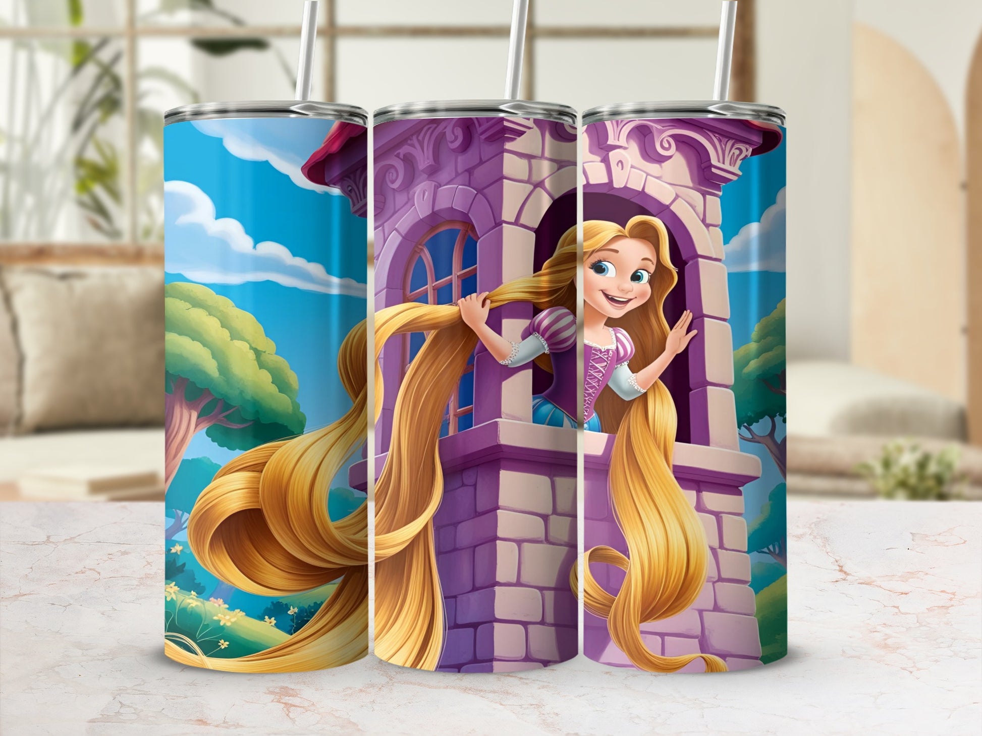 Rapunzel with long blonde hair leans out of a castle tower window.