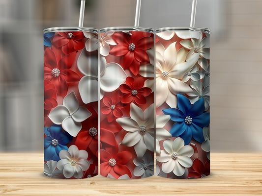 Three tumblers with red, white, and blue floral patterns.