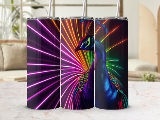 Peacock with vibrant neon feather fan against dark background.