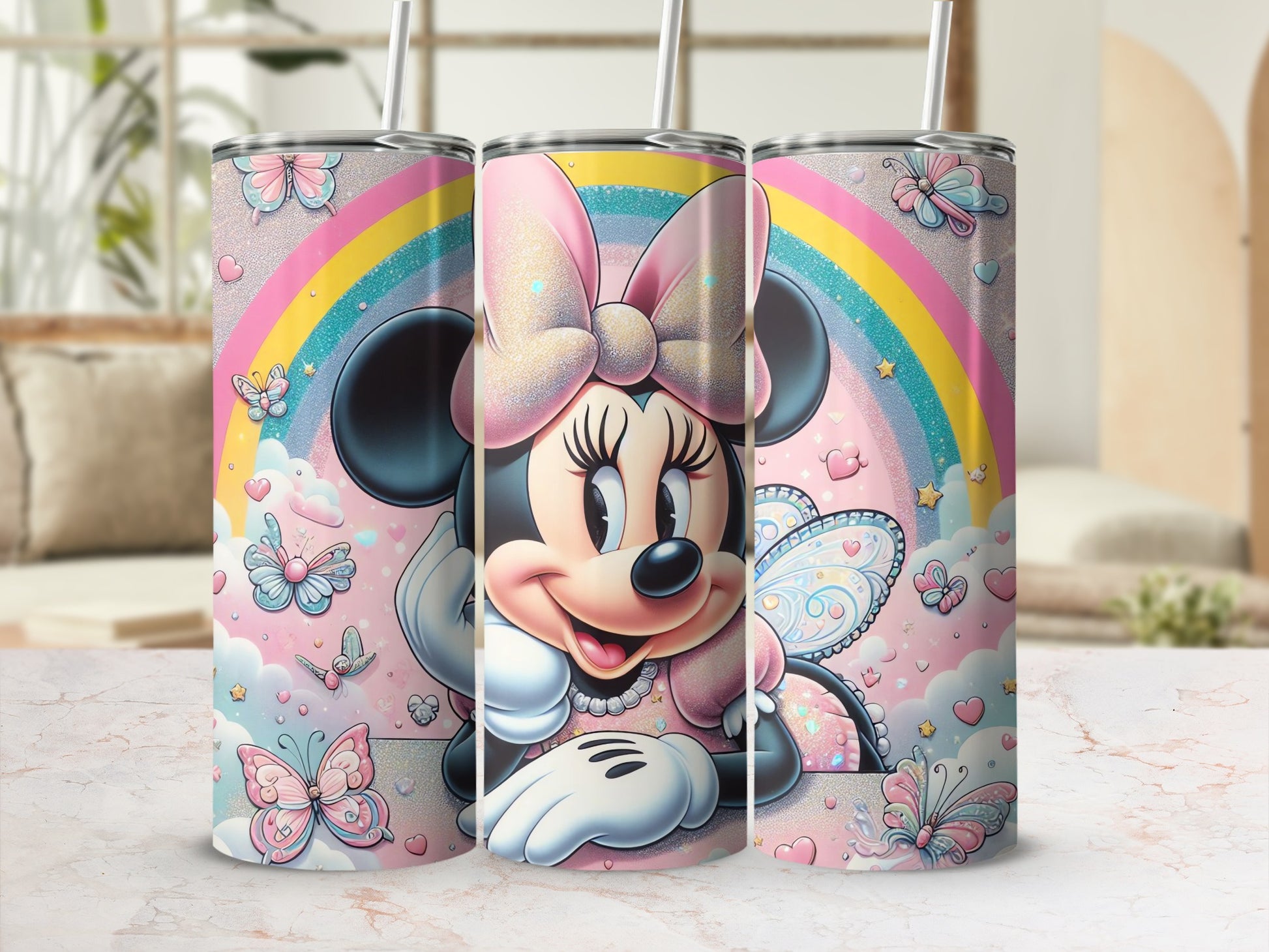 Colorful Minnie Mouse Rainbow Tumbler with Butterflies