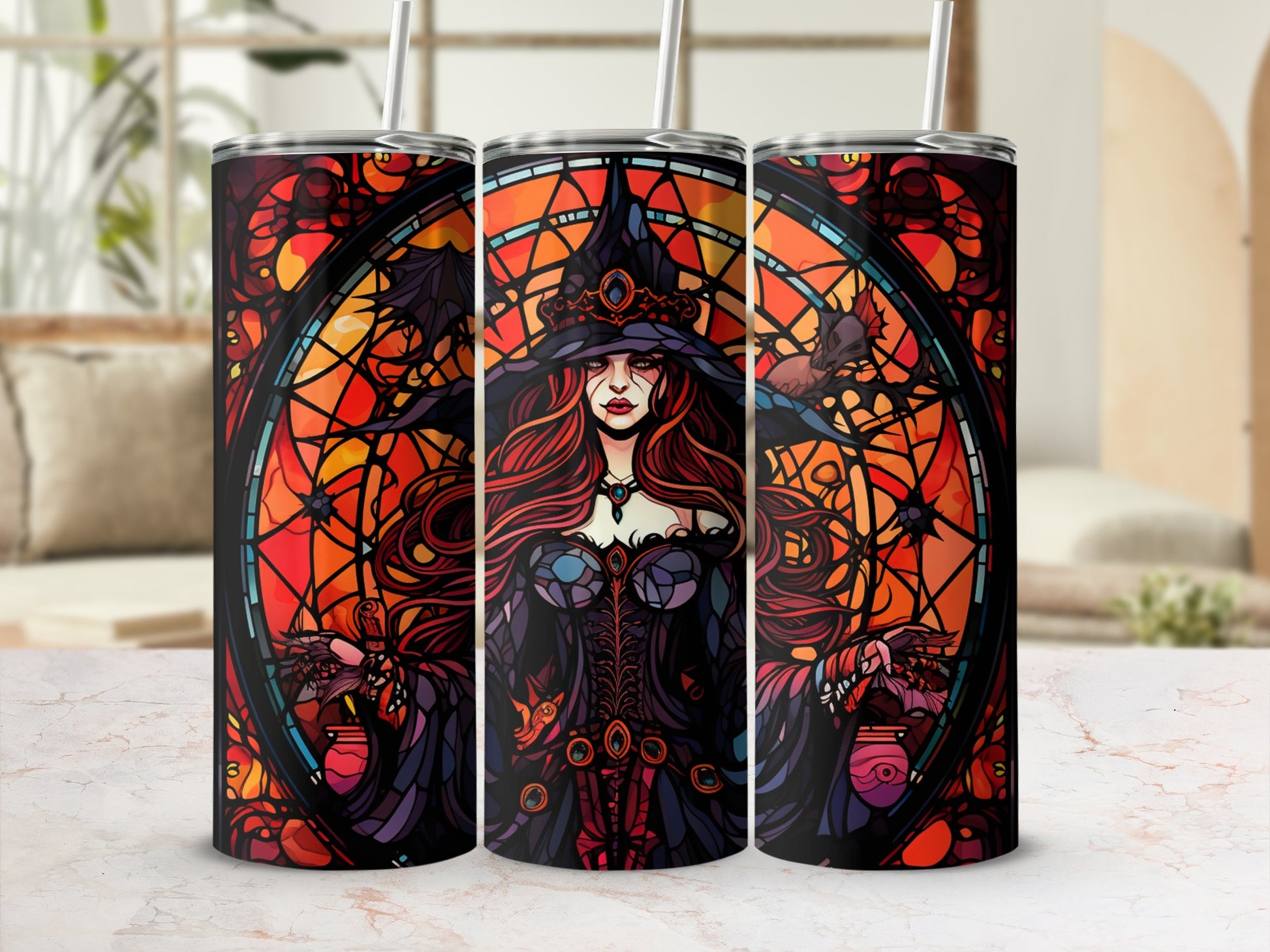 Stained glass tumbler with witch and bats, gothic Halloween design.