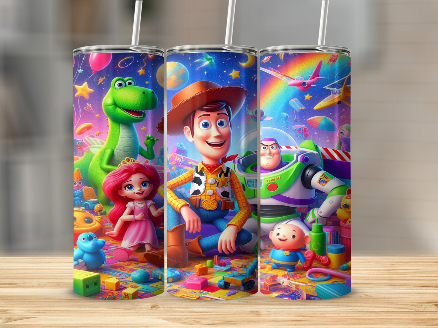 Toy Story characters, including Woody and Buzz Lightyear, playing with toys.