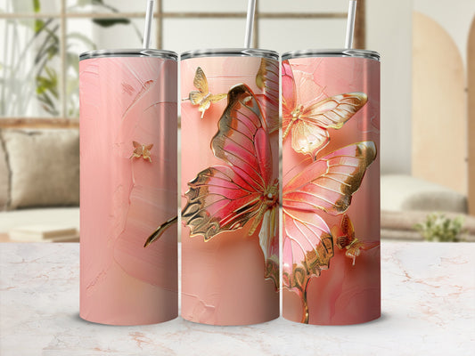 Pink tumbler with raised gold and pink butterfly designs.