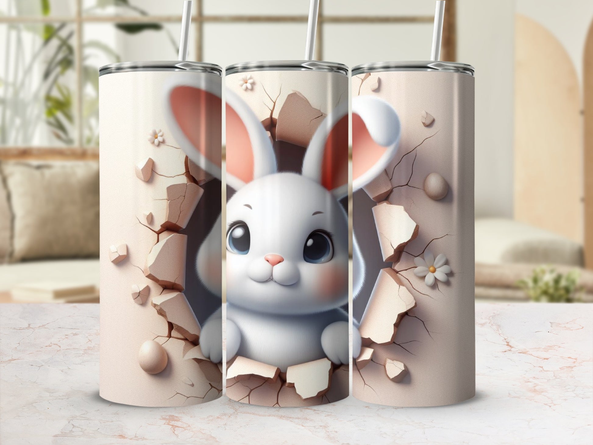 White bunny peeking through cracked beige background with flowers.