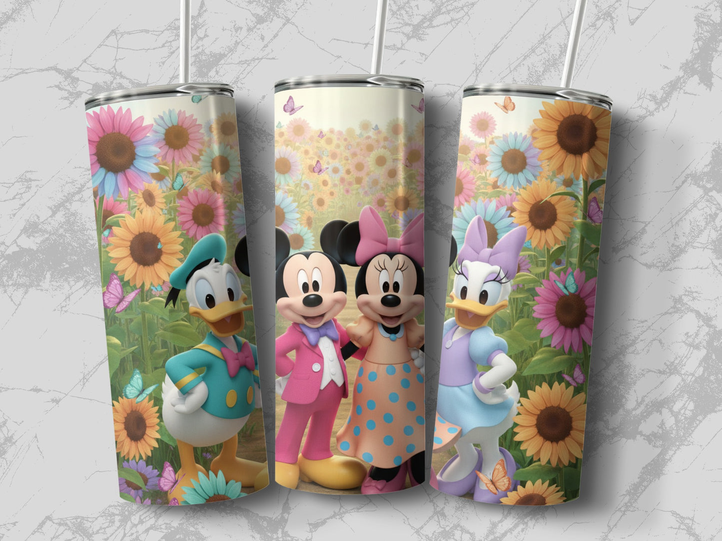 Colorful Disney Characters and Flowers Tumbler