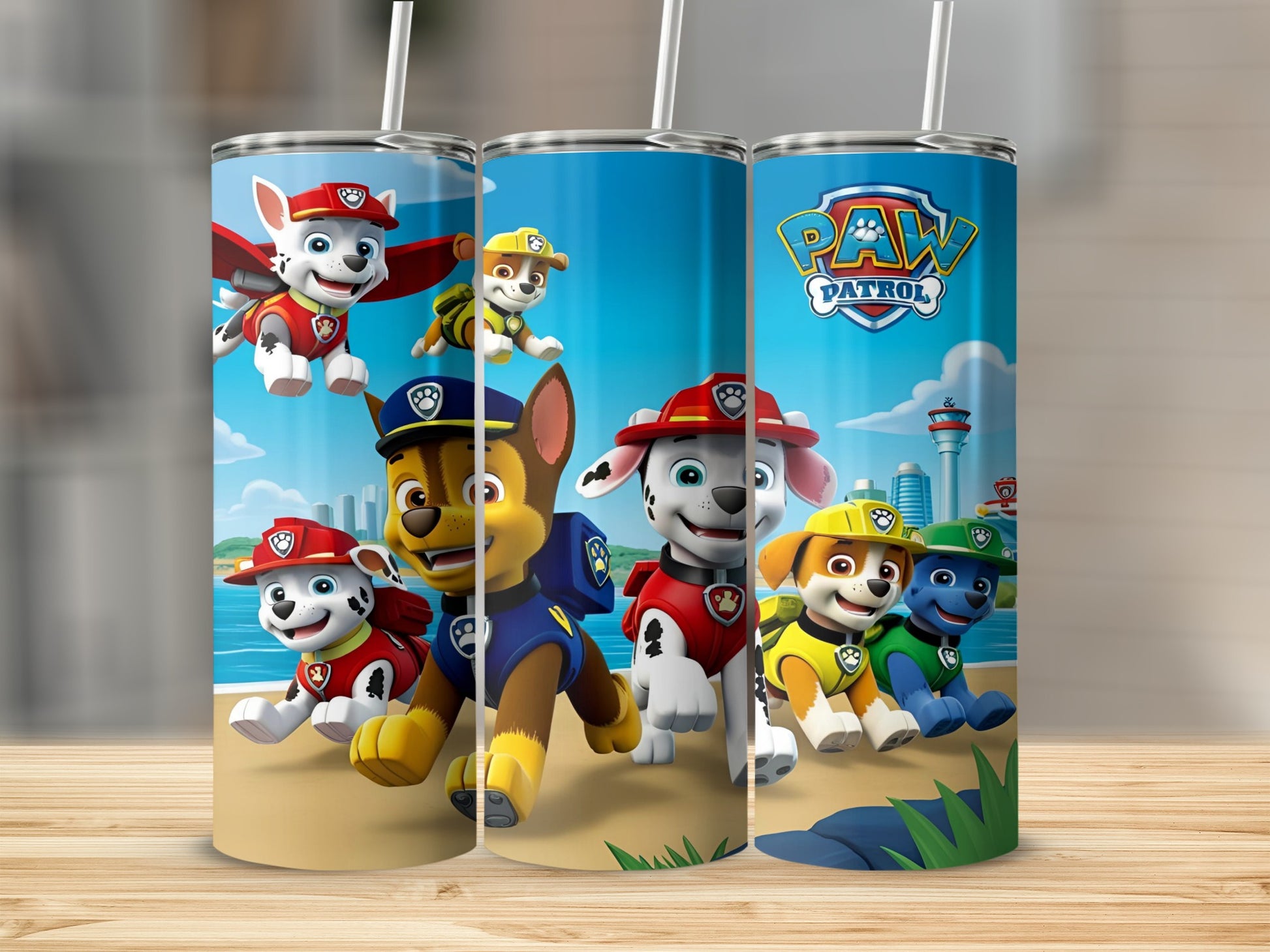 Paw Patrol characters Chase, Marshall, and Rubble on a beach.