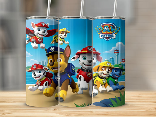 Paw Patrol characters Chase, Marshall, and Rubble on a beach.